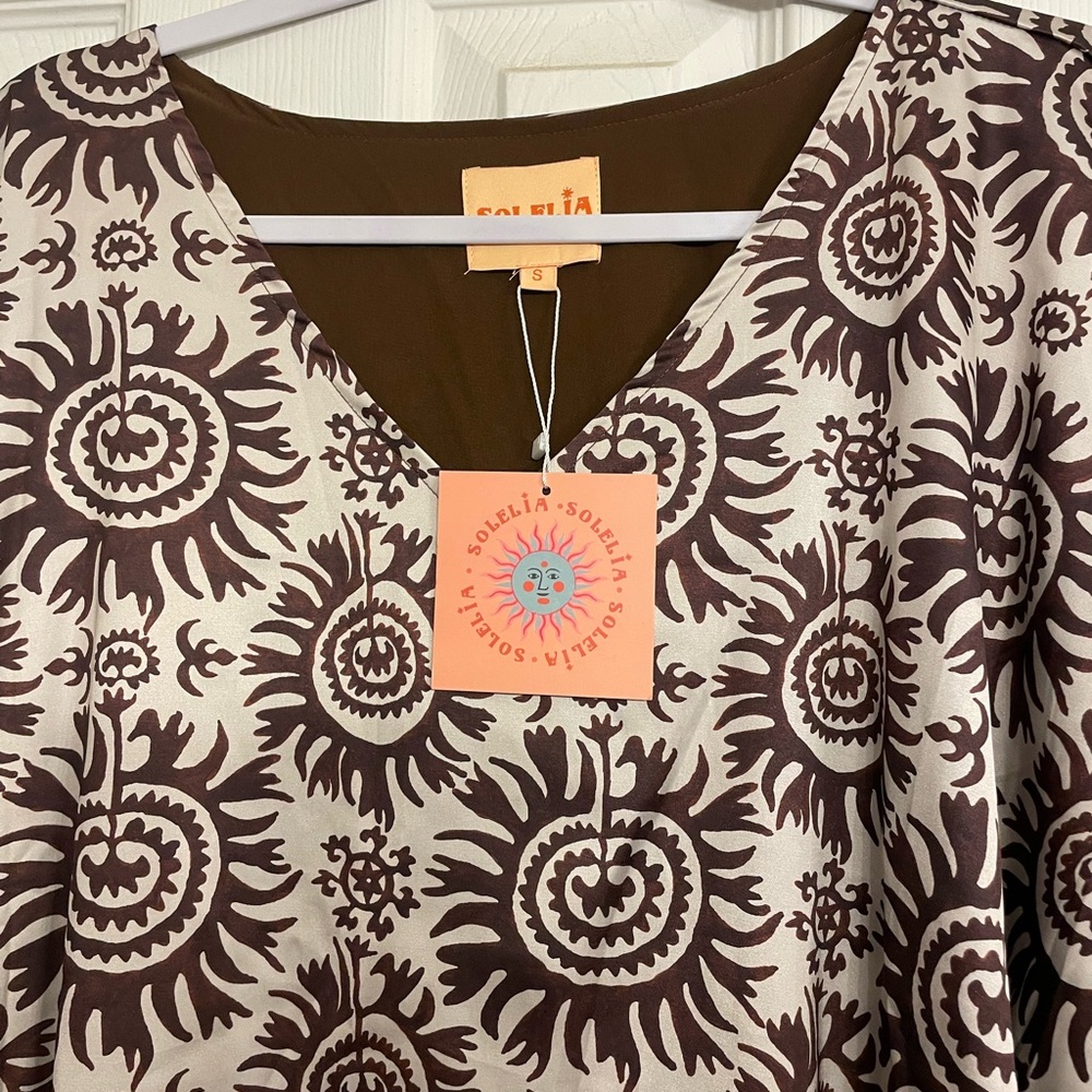 Solelia Brown and white printed mini caftan . Lined and brand new! - Picture 2 of 5